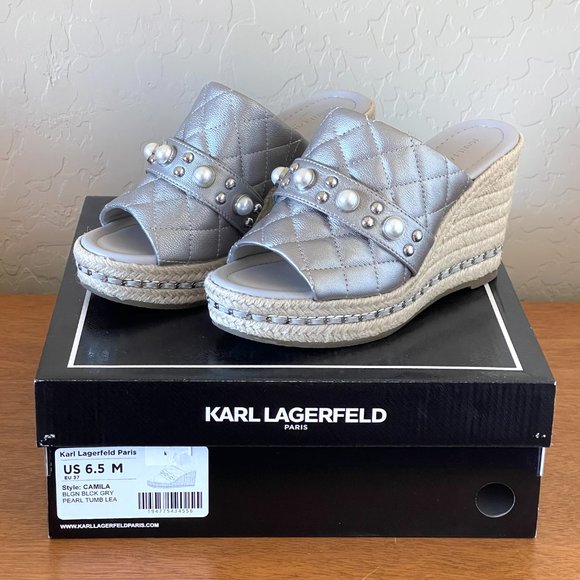 New Karl Lagerfeld Sandals 6.5 Camila Silver Pearl Stud Jute Platform Wedge - Picture 1 of 10